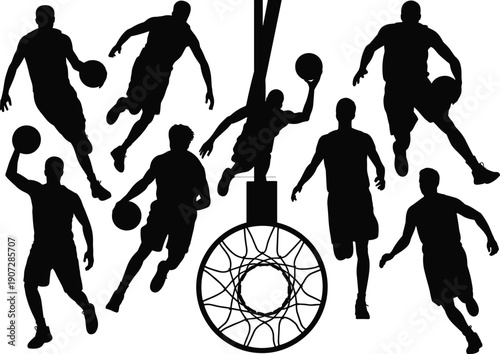Basketball Player Silhouette Collection with Dribbling, Running and Slam Dunk Actions, Dynamic Sports Motion Vector Illustration Isolated on White Background