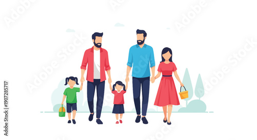 A family of five walks together holding hands in a cheerful illustration