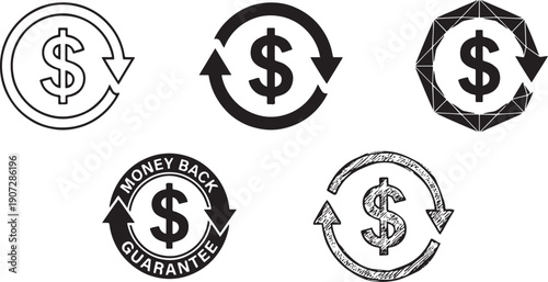 Money back guarantee concept with circular dollar arrows and refund seal vector illustration flat design