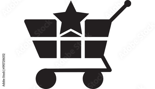 Shopping cart icon with gift box and star badge, minimalist black silhouette on white background, online store checkout symbol for ecommerce, sale promo, retail app UI