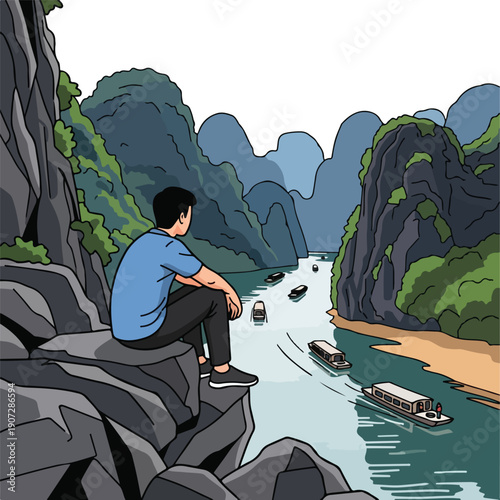 Man sitting on rocky cliff overlooking serene bay with boats, surrounded by lush greenery and majestic mountains