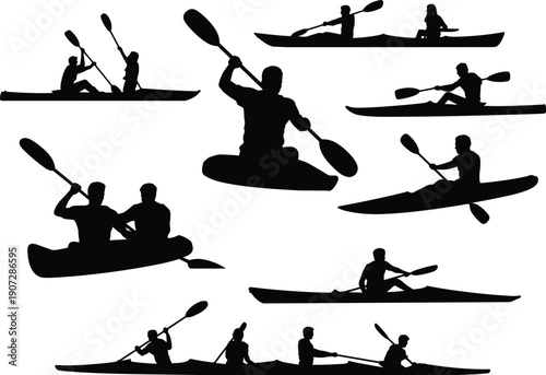 Kayaking and Canoeing Silhouette Set of Paddlers on White Background, Outdoor Water Sports Adventure Action Illustration Vector Collection Isolated Design