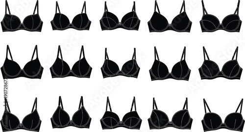 Fashion Bra Design Illustrations – Lingerie Pattern Variations, Cup Shapes, Strap Styles, Seam Line Graphics, Underwear Construction Vector for Stock Fashion Art