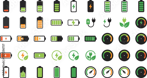 Collection of battery icons, power plugs, and gauge indicators displays varying charge levels.