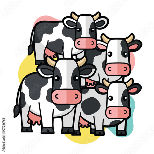 Group of cartoon cows standing together in a colorful illustration, pektor299.eps