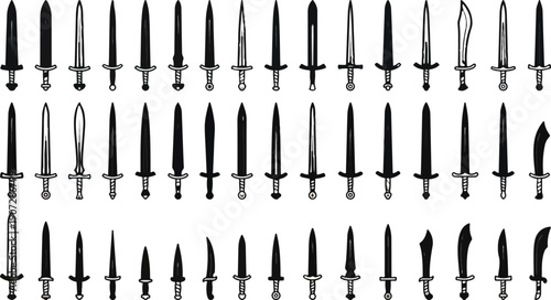 Collection of various swords displayed in rows against a white background.