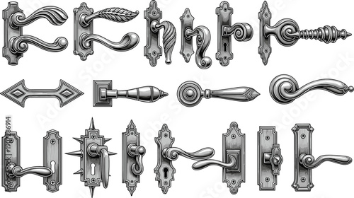 Vintage Ornate Door Handle Illustrations – Antique Decorative Knobs, Classical Hardware Designs, Intricate Backplates, Architectural Interior Elements for Historical Style Art
