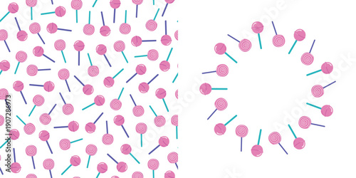 Candy, Round frame with space for text and seamless pattern. Lollipops, caramel, dessert. The sweetest day. Day of sweets. Food, sweets. Confectionery. Postcard, banner, wallpaper, backgrounds.