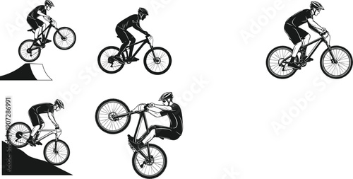 PrintDynamic Mountain Bike Rider Illustrations – Extreme Cycling Stunts, Downhill Adventure, Wheelie Tricks, Airborne Jumps, Sport Action Poses for Outdoor Lifestyle Art