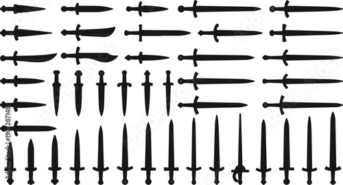 Collection of various historical sword and dagger silhouettes are displayed in rows.