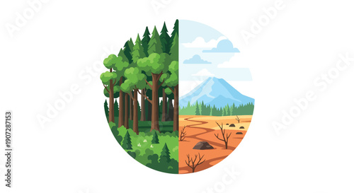 Flat vector illustration showing green forest and barren land comparison, highlighting deforestation impact, climate change, and environmental awareness concept in modern style