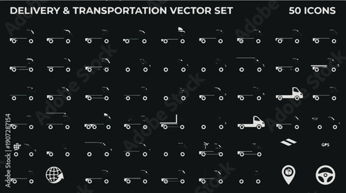 Collection of simple white vector icons depicting various types of trucks and delivery vehicles are arranged in neat rows and columns against a black