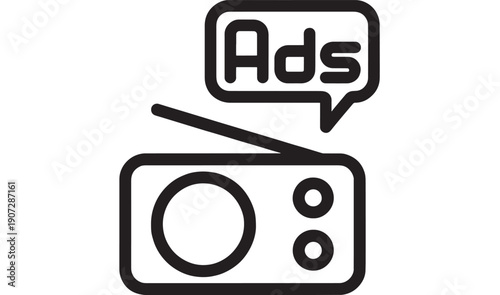 Radio advertising icon with ads speech bubble and antenna, minimal black outline line art symbol for marketing, broadcast promotion, media campaign and communication