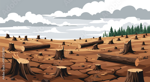 Modern flat vector illustration of deforested land with tree stumps, dry soil, and fallen logs showing environmental damage, climate impact, and forest destruction concept