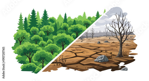 Flat vector illustration showing green forest and barren land comparison, highlighting deforestation impact, climate change, and environmental awareness concept in modern style