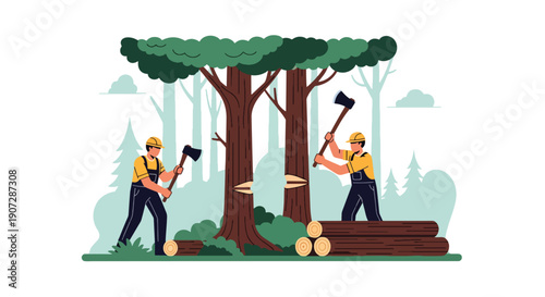 Modern flat vector illustration of workers cutting trees and stacking logs, showing industrial logging and forest exploitation impact on environment and biodiversity