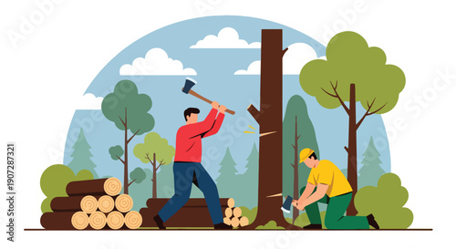 Modern flat vector illustration of workers cutting trees and stacking logs, showing industrial logging and forest exploitation impact on environment and biodiversity