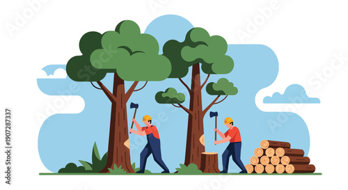 Modern flat vector illustration of workers cutting trees and stacking logs, showing industrial logging and forest exploitation impact on environment and biodiversity