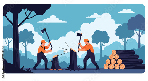 Modern flat vector illustration of workers cutting trees and stacking logs, showing industrial logging and forest exploitation impact on environment and biodiversity