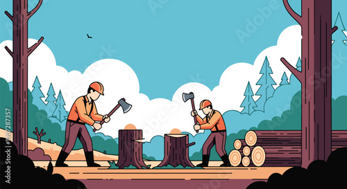 Modern flat vector illustration of workers cutting trees and stacking logs, showing industrial logging and forest exploitation impact on environment and biodiversity