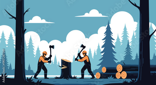 Modern flat vector illustration of workers cutting trees and stacking logs, showing industrial logging and forest exploitation impact on environment and biodiversity