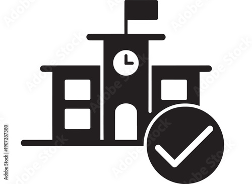 School building icon with clock tower and flag, approved check mark badge, black silhouette pictogram for education app UI, enrollment verification, web interface