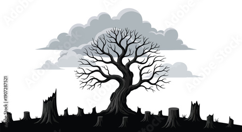 Minimal vector illustration of a single tree surrounded by stumps, symbolizing environmental loss, climate crisis, and disappearing forests