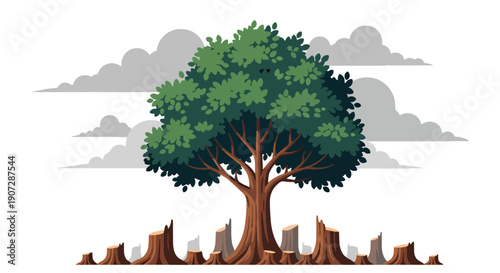 Minimal vector illustration of a single tree surrounded by stumps, symbolizing environmental loss, climate crisis, and disappearing forests