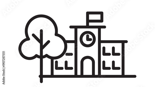 School building icon with clock tower and flag, simple black outline line art, minimal education campus pictogram with tree, isolated on white background