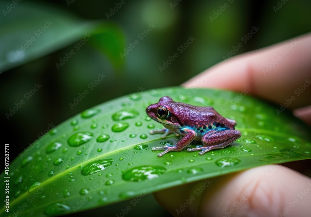 Fototapeta premium A small purple frog sitting on a wet green leaf with water droplets