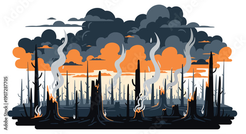 Modern flat vector illustration of burnt trees after forest clearing and fires, showing severe environmental damage and climate impact