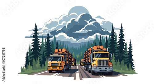 Flat vector illustration of logging trucks carrying timber from forest, highlighting industrial deforestation and natural resource exploitation