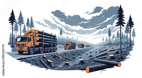 Flat vector illustration of logging trucks carrying timber from forest, highlighting industrial deforestation and natural resource exploitation