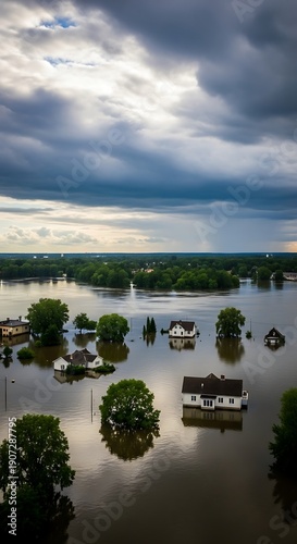 Residential buildings are partially submerged by rising floodwaters beneath a dramatic, overcast sky