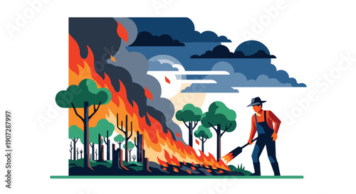 Modern vector illustration of farmer burning forest land for agriculture, showing environmental impact and land degradation