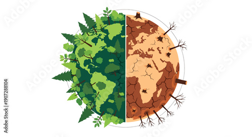 Flat vector illustration of earth divided into green forest and barren land, symbolizing global deforestation and climate change