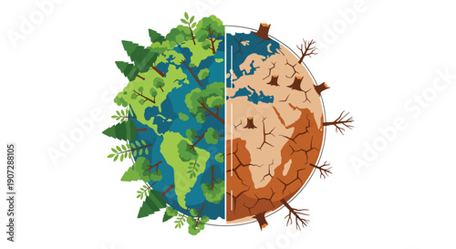 Flat vector illustration of earth divided into green forest and barren land, symbolizing global deforestation and climate change