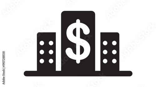 Building finance icon with dollar sign in center tower, simple black silhouette city skyline symbol for banking, investment, accounting, real estate and money apps