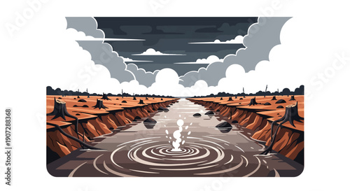 Modern flat vector illustration of polluted river after forest clearing, showing soil erosion and water degradation