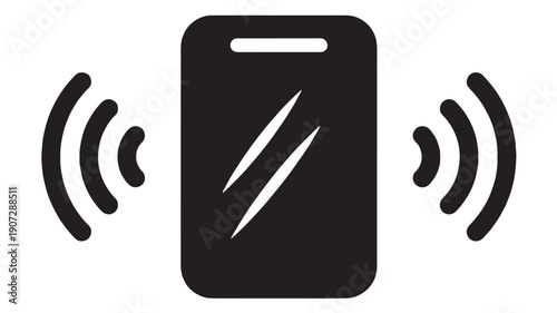 Smartphone vibration icon with ringing wave lines on both sides, minimal black glyph pictogram for mobile notification alert, silent mode, call signal and UI app
