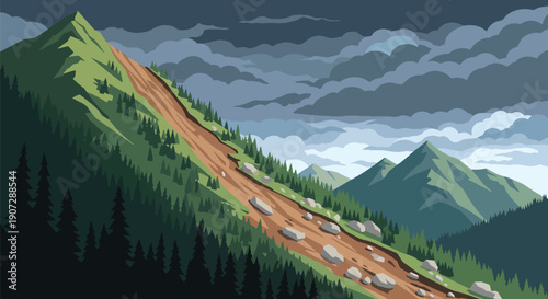 Modern flat vector illustration of bare mountain slopes after deforestation, showing landslide and disaster risk