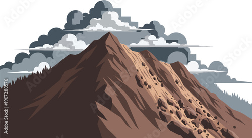 Modern flat vector illustration of bare mountain slopes after deforestation, showing landslide and disaster risk