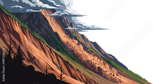 Modern flat vector illustration of bare mountain slopes after deforestation, showing landslide and disaster risk