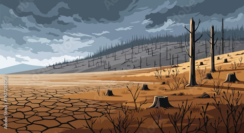 Modern flat vector illustration of dry cracked land after deforestation, showing desertification and climate change impact