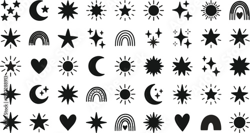 Numerous small black icons depict moons, stars, suns hearts and rainbows in a repeating pattern.