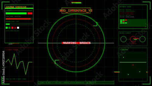 Futuristic head-up display interface showing critical system override and security breach warning