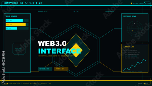 Futuristic Web 3.0 decentralized security dashboard interface and network status log