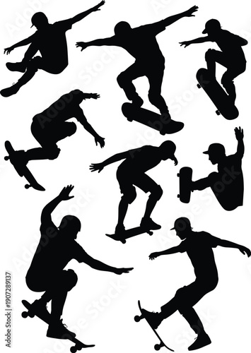 Skateboarding Silhouettes Set with Skaters Performing Jumps, Flips and Aerial Tricks, Extreme Urban Street Sports Action Vector Illustration Isolated on White Background