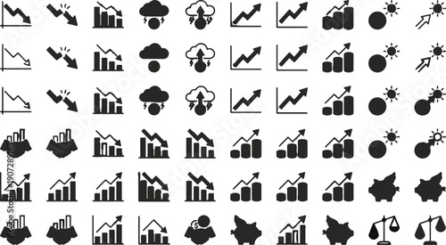Collection of fifty diverse financial and graphical icons illustrating various concepts of economic trends and performance.