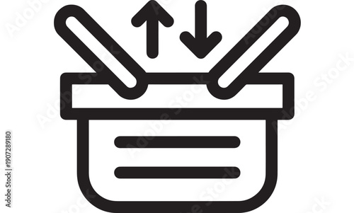 Box upload and download icon with open package lid and arrows, minimal black outline vector symbol for file transfer, cloud storage, delivery logistics, UI app button